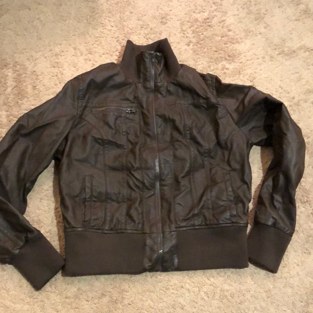 Brown faux leather bomber jacket